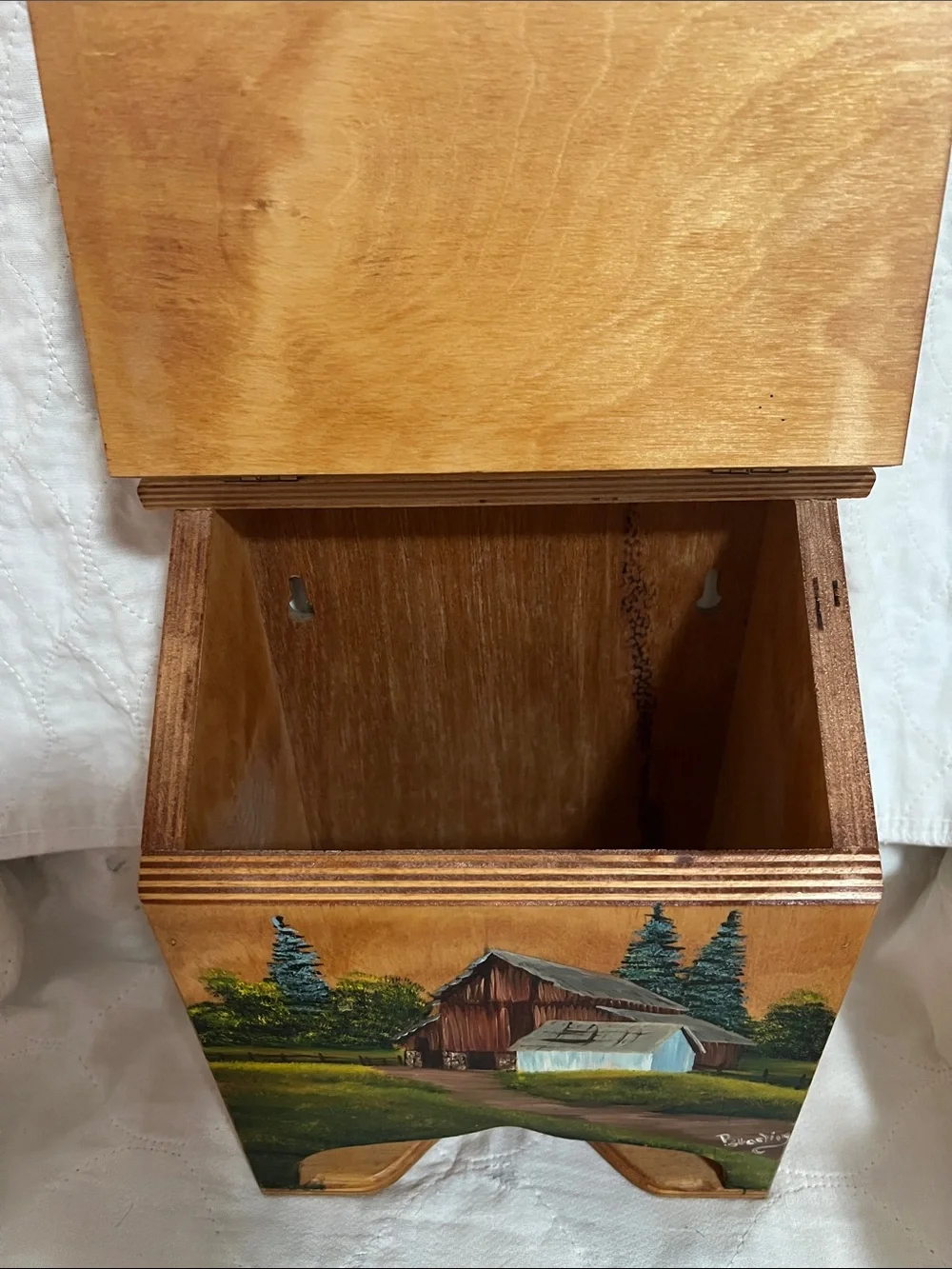 Wood Popcorn Storage Box with Country Barn Painting